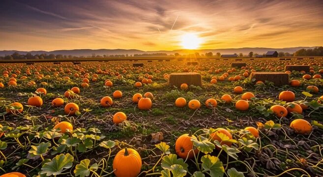 A pumpkin patch at sunset with a field of pumpkins and hay bales and mountains in the background view