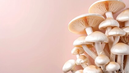 Creamy White Mushrooms on Pink Background