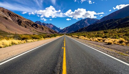 Fototapeta premium A scenic highway meanders through a valley, flanked by majestic mountains under a vibrant blue sky dotted with fluffy white clouds.