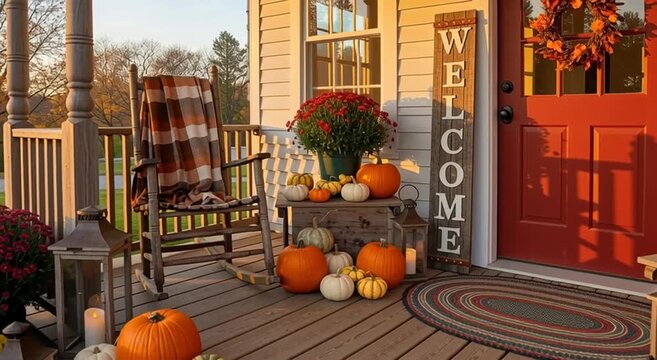 Autumn porch decor with pumpkins mums lanterns and a rocking chair creating a festive fall scene