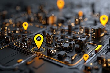 Urban map overlaid with glowing location markers. Cityscape on a circuit board