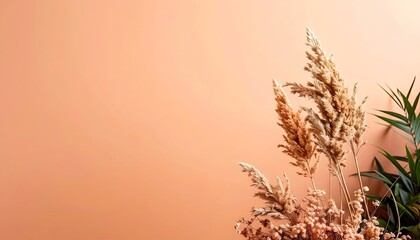 Dried Pampas Grass and Greenery Against Peach Background