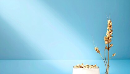 Dried Wheat Stalks and Nuts on Light Blue Background