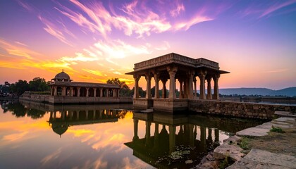Fototapeta premium Ancient Indian Architecture Reflecting in Tranquil Waters at Sunset.