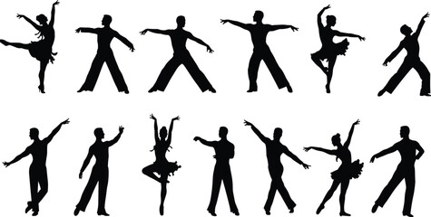 Silhouettes of male and female dancers performing various elegant dance poses, showcasing grace, movement, and artistic dance expressions vector illustration.