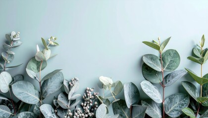 Dusty Blue and Green Eucalyptus Leaves on Pastel Background