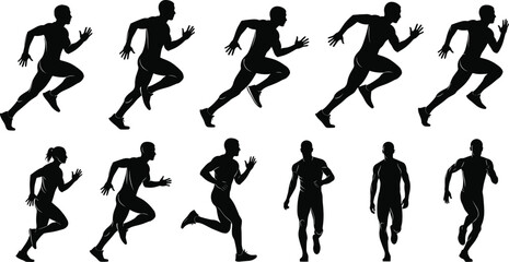 Silhouettes of male and female runners in dynamic sprinting and walking poses, showing athleticism, fitness, speed, motion, energy, and health vector  