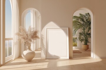Light-filled, minimalist interior with arches and plants