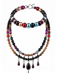 Obraz premium Three Strand Beaded Necklaces Featuring Multicolored Beads on White Background
