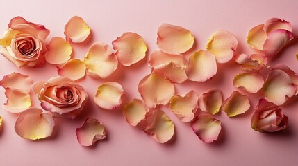 Obraz premium Delicate rose petals and blooms scattered on a soft pink background.