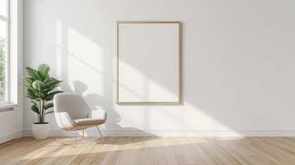 Bright sun shines on blank picture frame hanging on wall over modern chair next to potted plant in an empty room with wood floors and window light streaming in.