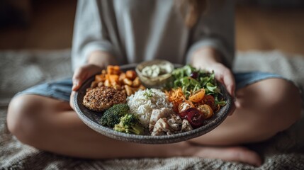 Woman sits cross-legged, holding a plate of healthy food. It portrays wellness, conscious eating, and a balanced lifestyle.