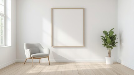 Modern living room features a blank framed poster on a white wall, paired with a comfortable chair and a potted plant, bathed in soft natural light from a window.