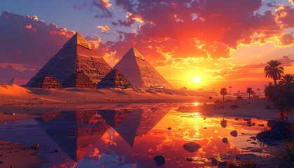 Pyramids stand sentinel against a fiery sunset reflecting in a tranquil desert pool.