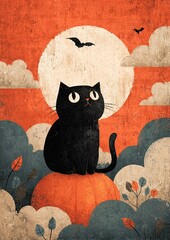 halloween background with cat moon clouds bat flying in the sky grunge cute comical fun neutral tones holiday seasonal backdrop vertical party card design invitation