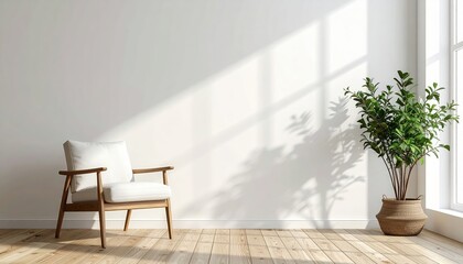 Fototapeta premium A cozy armchair sits beside a potted plant near a bright window, casting gentle shadows on the clean white wall in a serene and minimalist living space.