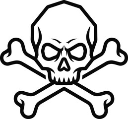 This illustration showcases a minimalist pixel art rendition of a skull and crossbones.