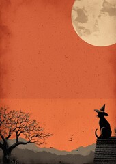 cat wearing witch's hat sitting on rooftop halloween night background orange sky moon backdrop party invitation card design space for copy text vertical format seasonal haunted