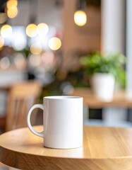 Fototapeta premium Minimalist White Mug on Wooden Table in Cafe with Bokeh Lights Background