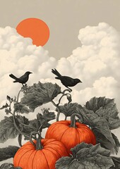 halloween background pumpkin patch and black crows orange sun in sky clouds vintage style illustration party card invitation backdrop design vertical format