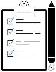 Clipboard with checklist marked with blue checkmarks, large pen, and clock. Ideal for organization, productivity, planning, task tracking, to-do lists, goal setting and time management as a simple