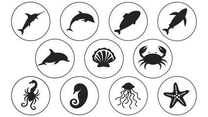 Fototapeta premium Marine Life Icons in Black Circles on Black ocean animal