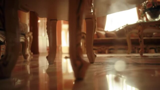 Close up view of ornate furniture legs on a shiny tiled floor
