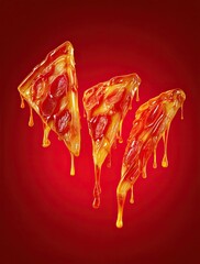 Melted pizza slices dripping with sauce against a vibrant red background