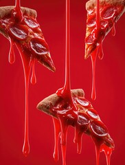 Pizza slices dripping with sauce against a vibrant red backdrop