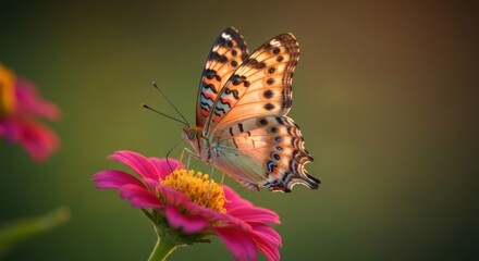 Obraz premium A vibrant butterfly rests on a pink flower, bathed in soft sunlight