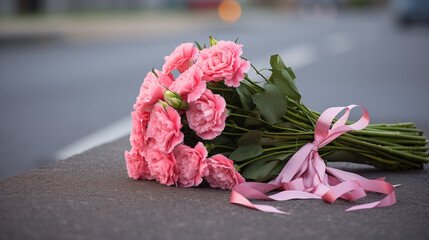 Flowers and candles memorializing victims on a city sidewalk 