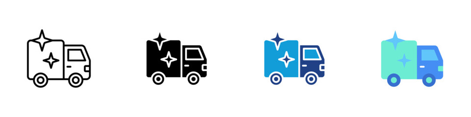 Cleaning Truck Multiple Style Icon Sheet Design Vector - Sanitation truck with sparkle representing waste management and street cleaning