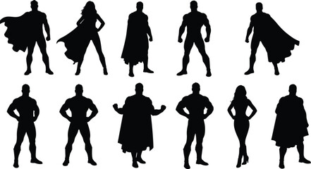 Silhouettes of superheroes and heroines with capes and powerful poses, iconic comic characters standing confidently in dynamic action stances