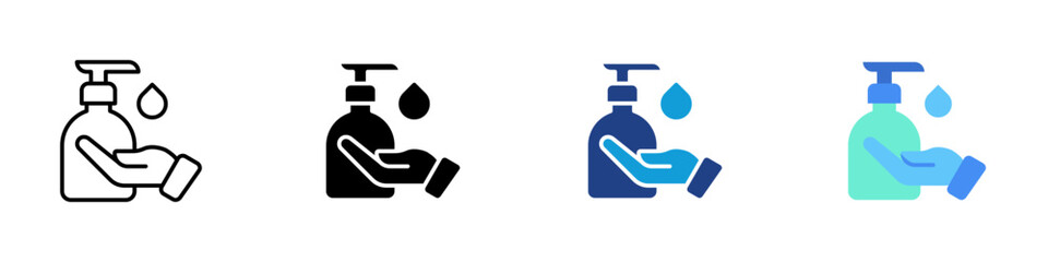 Fototapeta premium Hand Wash Multiple Style Icon Sheet Design Vector - Hand washing with soap dispenser and water drop symbolizing hygiene and cleanliness
