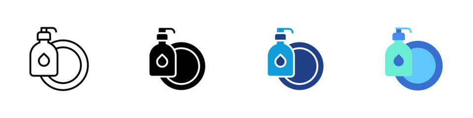 Soap Bottle Multiple Style Icon Sheet Design Vector - Soap dispenser with a dish representing hygiene, washing, and disinfection