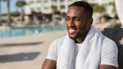 Fototapeta premium tired man smiles contently as he holds towel in his hands radiating sense of relaxation