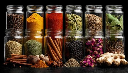 Glass jars filled with various spices, including powders, whole seeds, and dried herbs