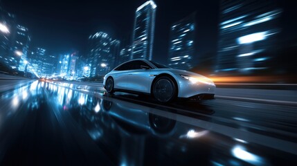 Fototapeta premium Futuristic white car driving through a modern cityscape at night
