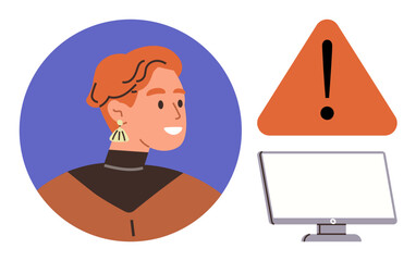 Profile of a smiling individual, computer monitor, and warning sign with exclamation mark. Ideal for communication, technology, warning systems, security, online interaction, user interface digital
