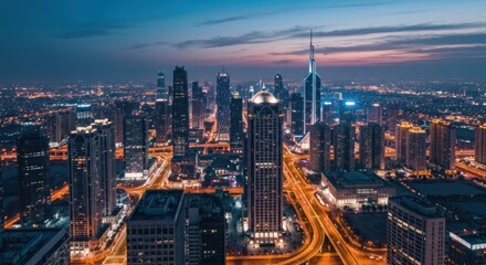 Fototapeta premium Aerial view of a modern city at dawn, illuminated by lights