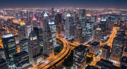 Aerial view of a sprawling city at night, showcasing illuminated skyscrapers and a complex highway network