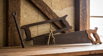 Aged woodworking tools on rustic workbench