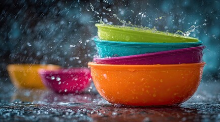 Colorful plastic bowls stacked, water droplets, splashes