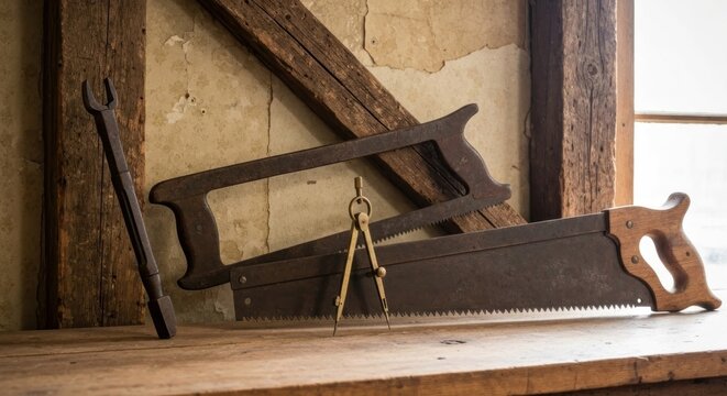 Aged woodworking tools on rustic workbench - Powered by Adobe