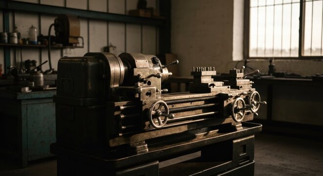 An antique metal lathe in a well-lit industrial workshop