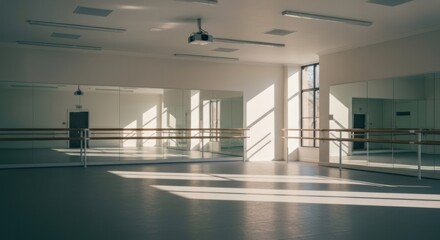 An empty dance studio, bathed in sunlight, with mirrors and wooden barres