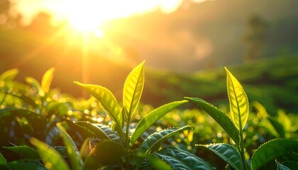 Lush tea plants bathed in golden sunrise light, vibrant green leaves.