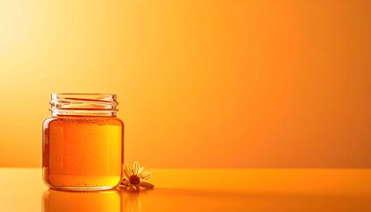 Golden Honey in Glass Jar with Flower on Yellow Background