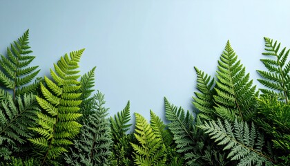 Green Fern Fronds on Light Blue Background