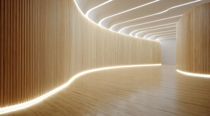 Obraz premium Curved, light-filled hallway with light wooden panels